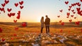 couple and heart-shaped origami messages in a field