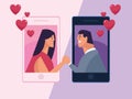 couple and hearts in smartphones Royalty Free Stock Photo
