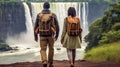 Couple of hikers admiring at a beautiful landscape with waterfall in rainforest. Generative Ai