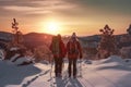 Couple of hikers with backpacks hiking in winter mountains at sunset with Generative AI. Royalty Free Stock Photo