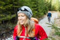 Couple hikers hiking in forest