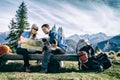 Couple hikers with map in mountains Royalty Free Stock Photo