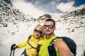 Couple hikers selfie portrait in winter mountains Royalty Free Stock Photo