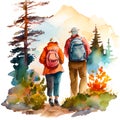 Couple of hikers on the trail in mountains. Rear view. Watercolor illustration isolated on white