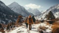 Couple of hikers walking in winter mountains. Man and woman hiking in snowy weather Royalty Free Stock Photo