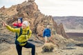 Couple hiking with baby boy travelling in backpack Royalty Free Stock Photo