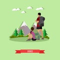 Couple hiking in mountains. Outdoor hike concept vector poster