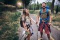 Couple hiking on the path in mountains Royalty Free Stock Photo