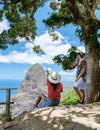 Couple hiking in Saint Lucia Caribbean, nature trail in the jungle of Saint Lucia huge Pitons Royalty Free Stock Photo