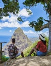 Couple hiking in Saint Lucia Caribbean, nature trail in the jungle of Saint Lucia huge Pitons Royalty Free Stock Photo