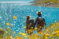 couple hiking on a sunny day in spring with blooming flowers near lake