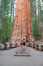 Couple on hiking trip in sequoia forest. Royalty Free Stock Photo