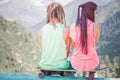 Couple of hippie, young people at mountain with longboard skateboard Royalty Free Stock Photo