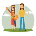 Couple hippies playing guitar lifestyle characters