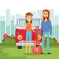 Couple hippies playing guitar lifestyle characters