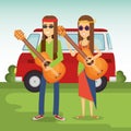 Couple hippies playing guitar lifestyle characters