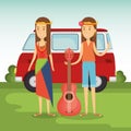 Couple hippies playing guitar lifestyle characters