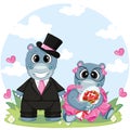 Couple Hippo on Holiday. Cartoon Vector Illustration for valentine day greeting card