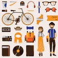 Couple of hipster young girl and beard man with lots of trendy accessories like bike, vinyl record, notebook, clothes and eyeglass
