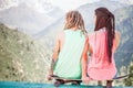 Couple of hipster, young people at mountain with longboard skateboard Royalty Free Stock Photo