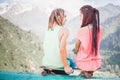 Couple of hipster, young people at mountain with longboard skateboard Royalty Free Stock Photo