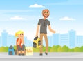 Couple of hitchhikers traveling by hitchhiking. Tourists in summer casual clothes with backpacks waiting for car vector