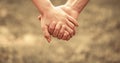 Couple hold hand in the autumn or summer park. Closeup of loving couples holding hands while walking. Female and male Royalty Free Stock Photo