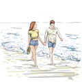 Couple Hold Hands Walking Beach Man And Woman Holiday Sketch On Sea Vacation