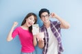 Couple hold pink pig bank Royalty Free Stock Photo