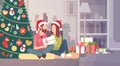 Couple Hold Present Decorated Gift New Year Merry Christmas Celebration Home Interior Pine Tree