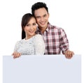 Couple holding blank banner on white Royalty Free Stock Photo