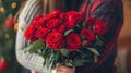 A couple holding a bouquet of red roses in front of christmas tree, AI Royalty Free Stock Photo