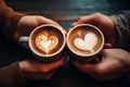 Couple holding a cup of coffee with heart foam latte art. . Ai Generate Royalty Free Stock Photo