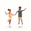 Couple holding hands african american man woman jumping having fun white background male female cartoon characters full