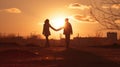 a couple holding hands as the sun sets behind them, AI Generative