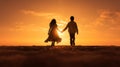 A couple holding hands as the sun sets behind them, AI