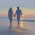 Couple holding hands on the beach at sunset. AI-Generated.