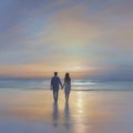 Couple holding hands on the beach at sunset. AI-Generated.