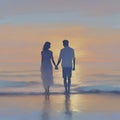 Couple holding hands on the beach at sunset. AI-Generated.