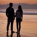 Couple, holding hands on beach and sunset, nature and travel with bonding for love and commitment outdoor. People with Royalty Free Stock Photo