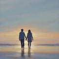 Couple holding hands on the beach at sunset. AI-Generated.