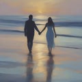 Couple holding hands on the beach at sunset. AI-Generated.