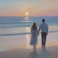 Couple holding hands on the beach at sunset. AI-Generated.