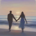 Couple holding hands on the beach at sunset. AI-Generated.