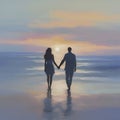 Couple holding hands on the beach at sunset. AI-Generated.