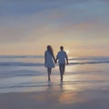 Couple holding hands on the beach at sunset. AI-Generated.