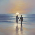 Couple holding hands on the beach at sunset. AI-Generated.