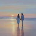 Couple holding hands on the beach at sunset. AI-Generated.