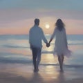 Couple holding hands on the beach at sunset. AI-Generated.