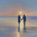 Couple holding hands on the beach at sunset. AI-Generated.